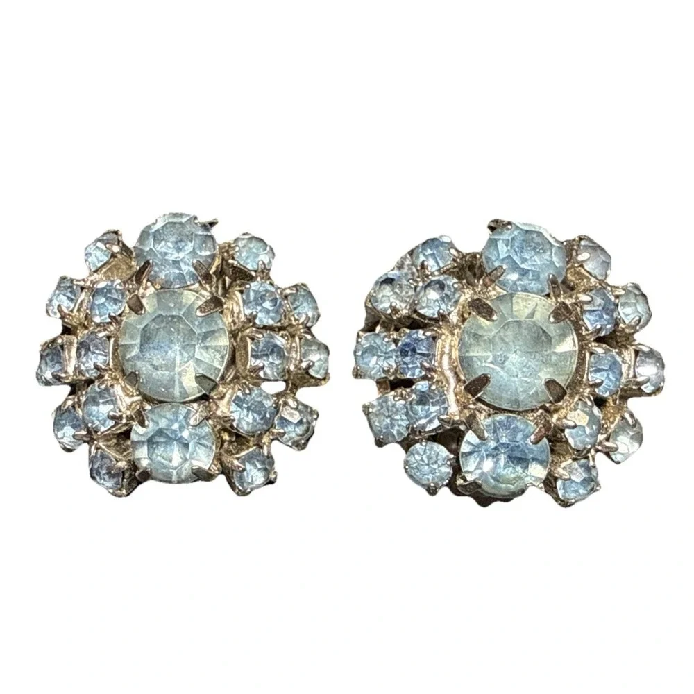 Vintage Light Blue Rhinestone Cluster Clip On Earrings J15-9